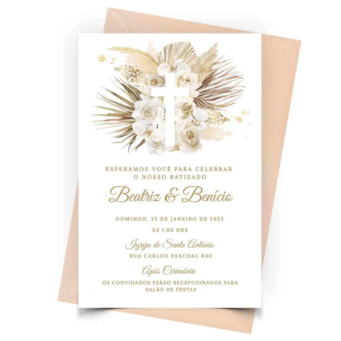 Convite Batizado Cruz com Rosas Brancas Personalizado - Online