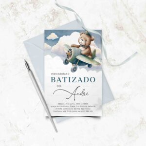 Convite de Batizado Personalizado - Ursinho Piloto - Papel 10x15 cm - Formato Digital Incluído - Portes de envio Grátis para Portugal via CTT