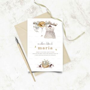 Convite de Batizado Personalizado - Vestido Branco em Floral Simples - Papel 10x15 cm - Formato Digital Incluído - Portes de envio Grátis para Portugal via CTT